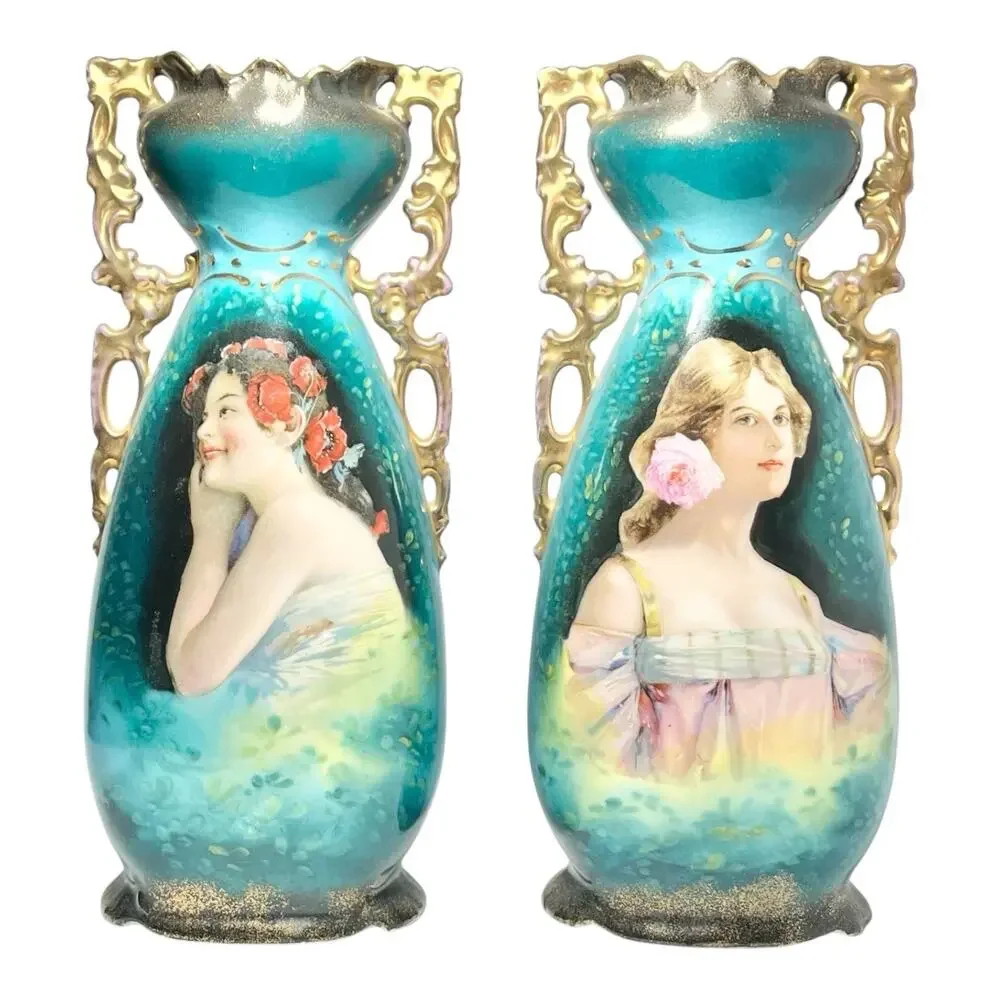 1890s Victoria Carlsbad Austria Art Nouveau 2 Art Nouveau Portrait Vases 11 5/8”
